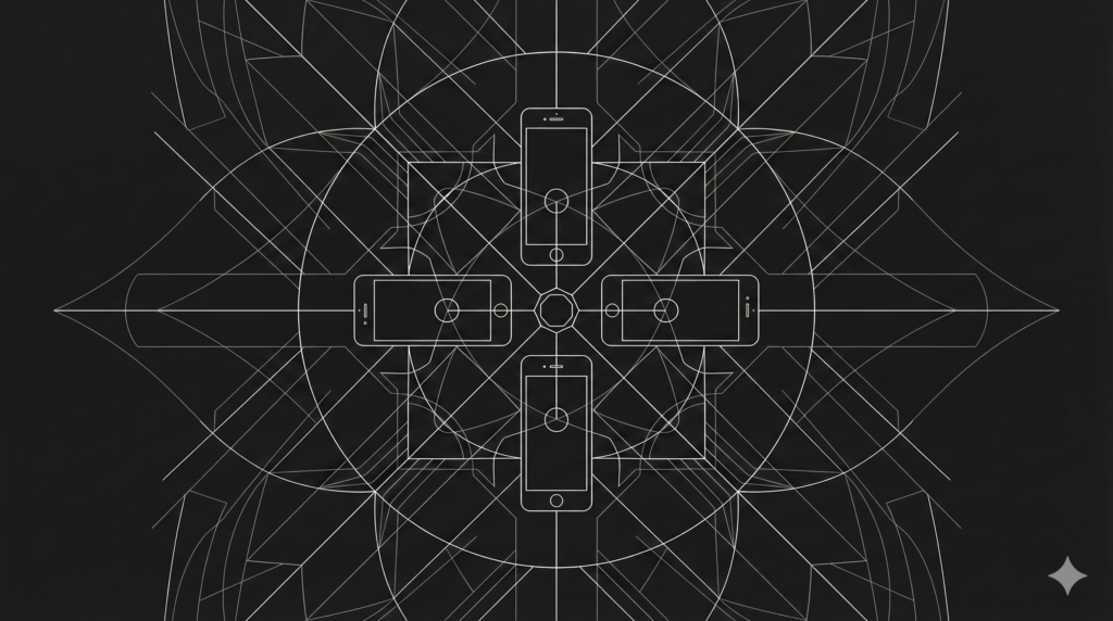 A symmetrical, wireframe illustration of four smartphones arranged in a cross shape, surrounded by a complex geometric pattern of circles and intersecting lines in white against a dark background.
