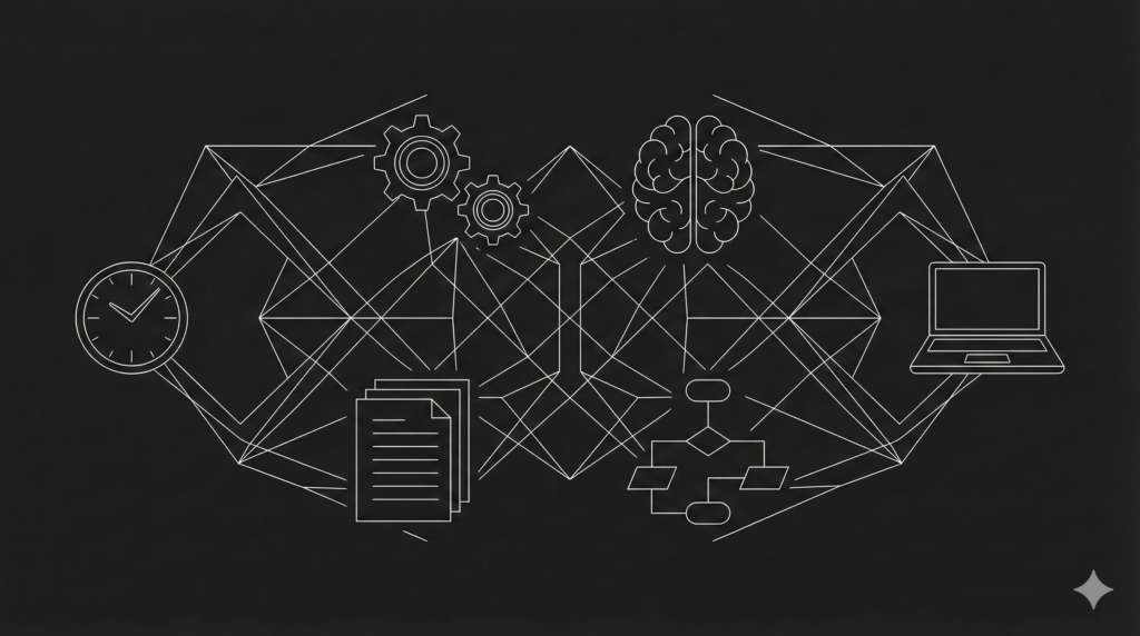 A wireframe illustration connecting six icons—a clock, document stack, gears, human brain, flowchart, and laptop—via an intricate geometric network of white lines against a dark background.