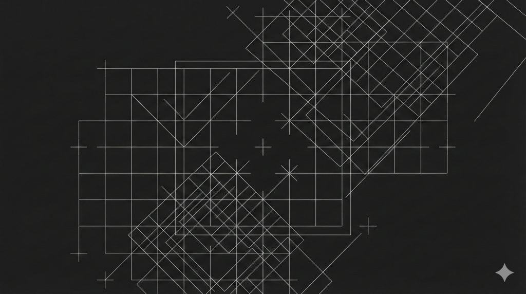 A geometric, wireframe illustration of overlapping square grids and rectangular frameworks, some rotated diagonally, rendered in thin white lines against a dark background.
