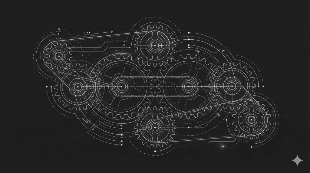 A technical, blueprint-style illustration of interlocking gears and cogs arranged in the shape of a cloud, rendered in fine white lines against a dark background.
