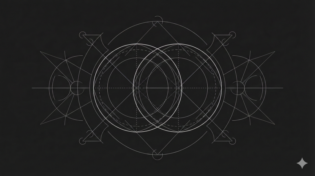 A symmetrical, wireframe illustration featuring two large overlapping circles at the center, flanked by intricate geometric patterns of arcs and intersecting lines in white against a dark background.