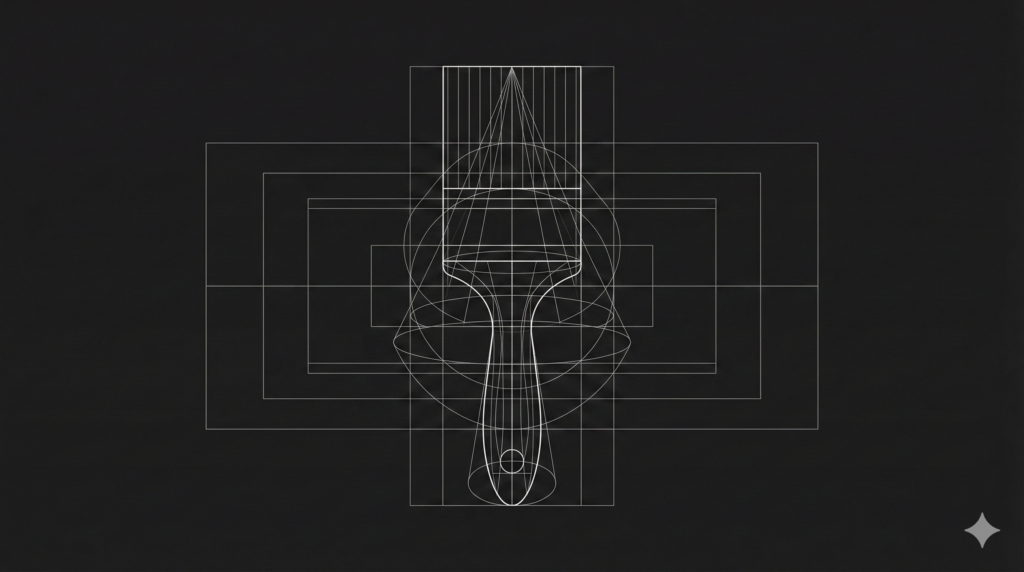 A geometric, wireframe illustration of a paintbrush created with thin white construction lines, circles, and rectangles against a dark background.