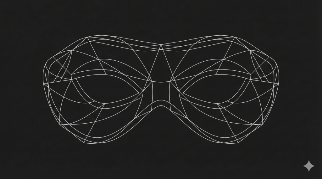 A geometric, wireframe illustration of a futuristic mask, rendered in thin white polygon lines against a dark background.