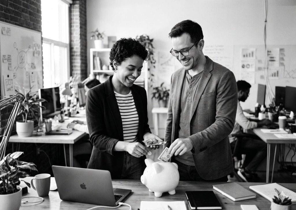 Two smiling colleagues in a modern office putting money into a piggy bank, representing the cost savings achieved by choosing efficient mobile application development platforms.