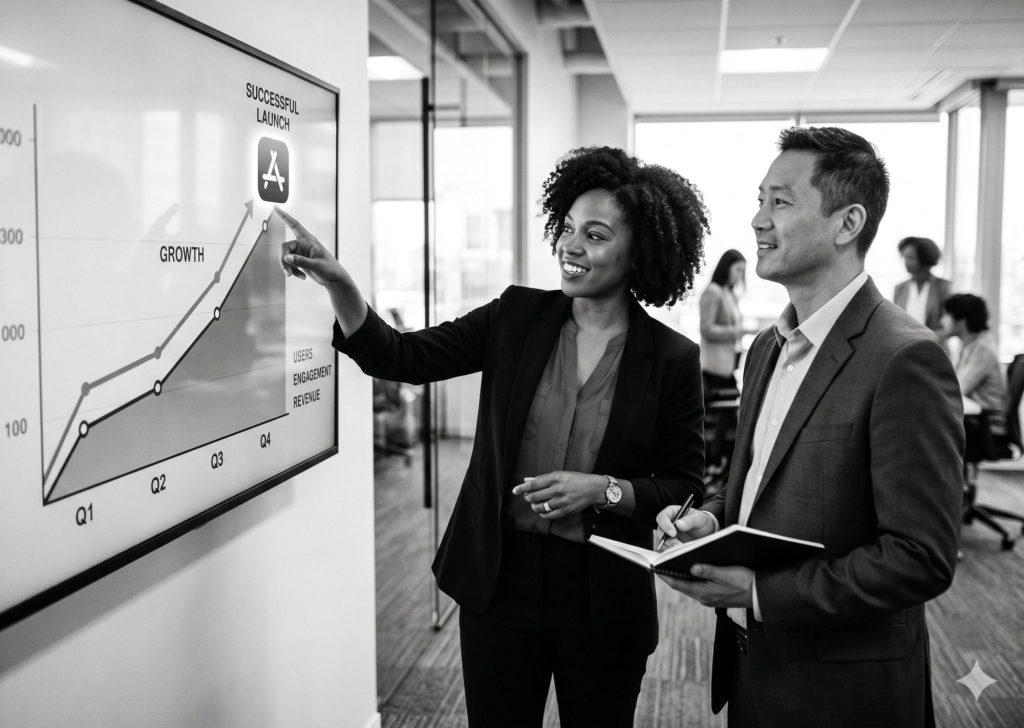 Two business professionals analyzing an upward growth chart for a successful app store launch on a digital screen, discussing strategies on how to promote your mobile app.
