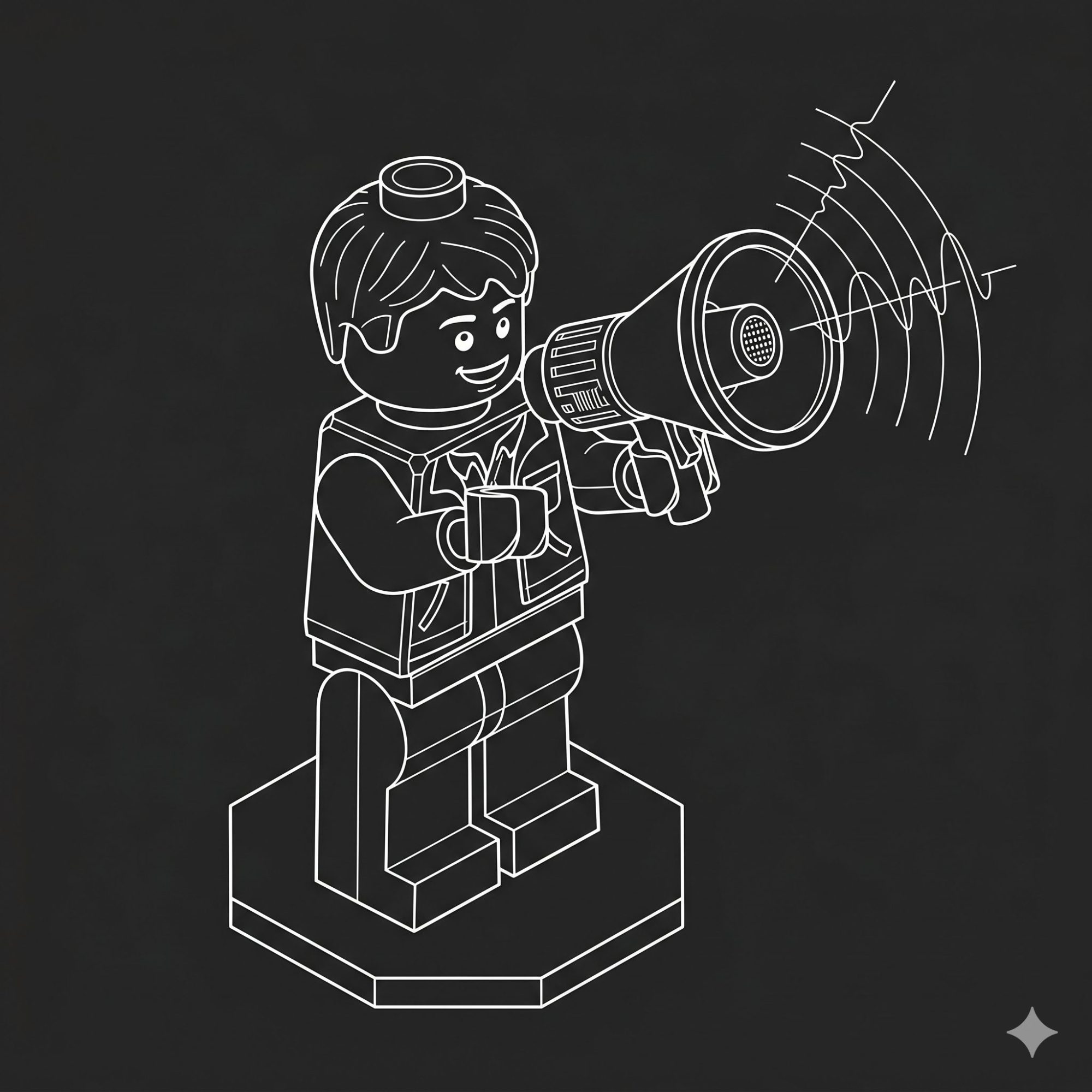 A white line drawing of a toy minifigure broadcasting sound waves through a megaphone, illustrating strategies on how to promote your mobile app.