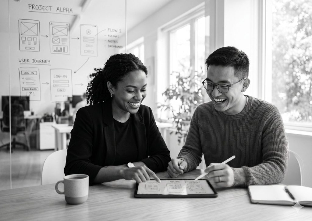 Black and white photo of two smiling professionals collaborating on a tablet in front of a glass wall with UI wireframes, illustrating the design phase of what is custom software development.