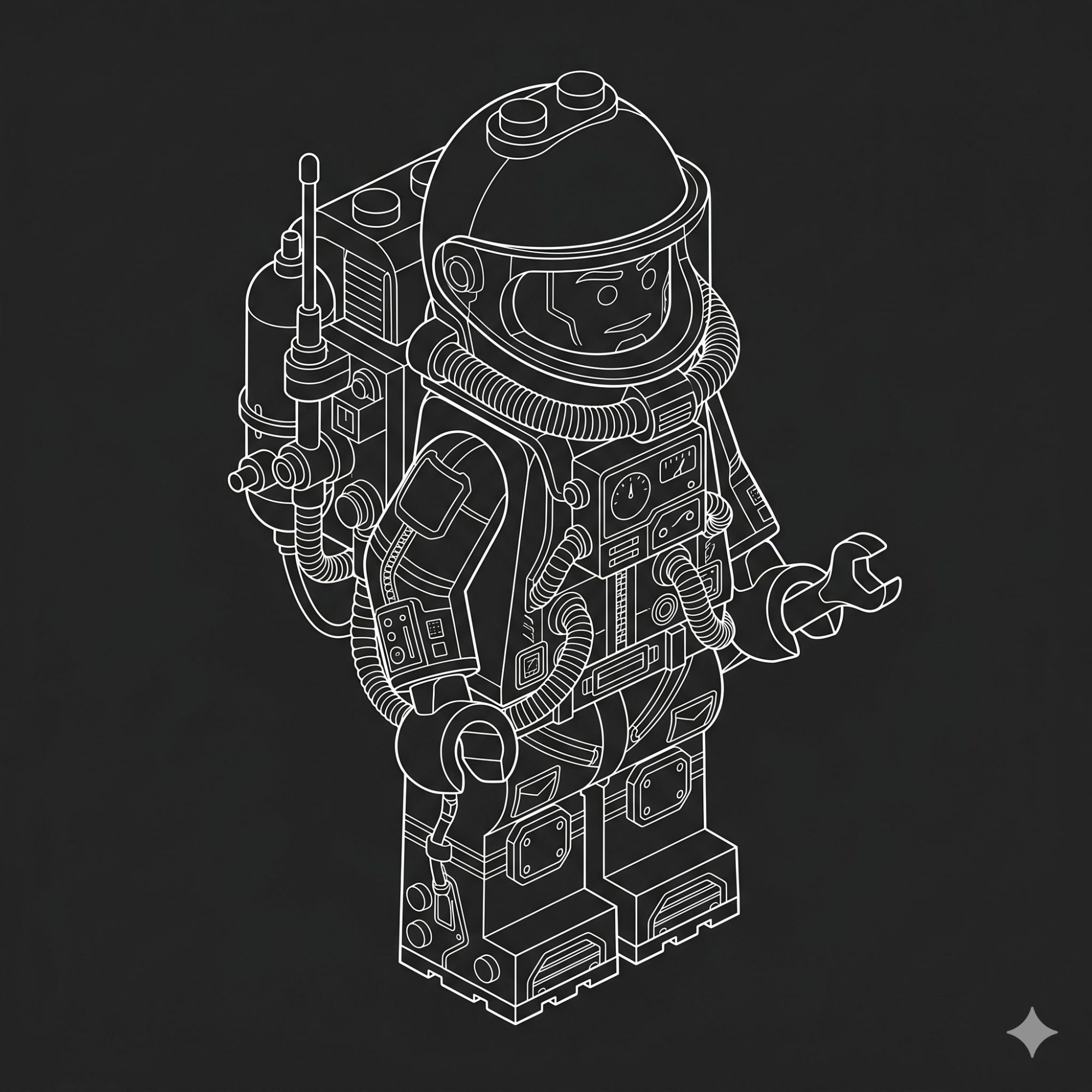 Isometric line art illustration of a Lego-style astronaut in a detailed spacesuit, symbolizing the launch phase provided by app publishing services.