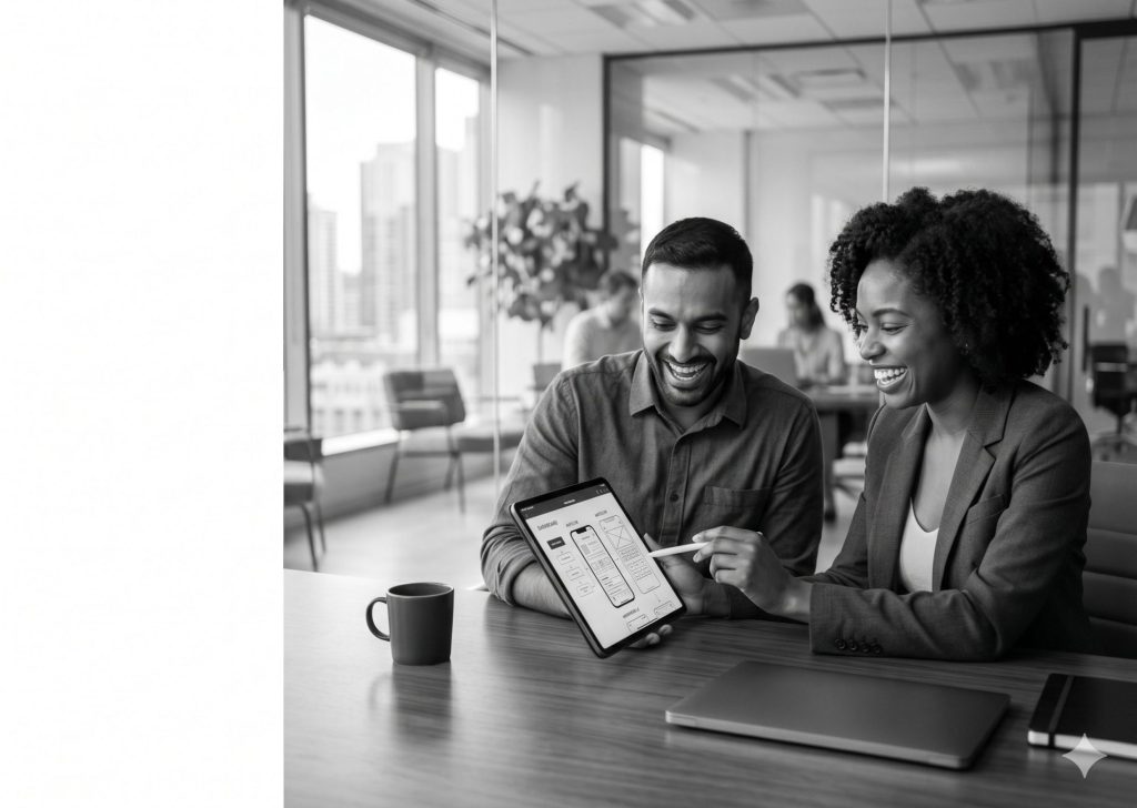 Two smiling professionals in a modern office collaborating on a tablet, reviewing wireframes and discussing updates for mobile app maintenance.
