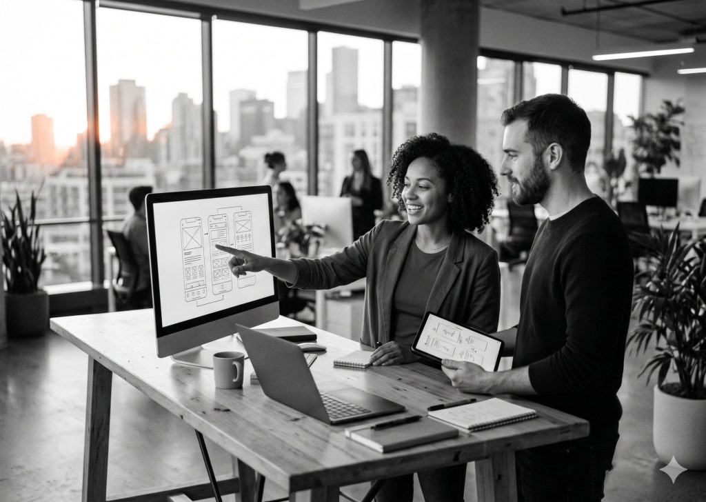 Two professionals collaborating on UI wireframes on a desktop monitor, showcasing custom mobile app development for startups in a modern office.