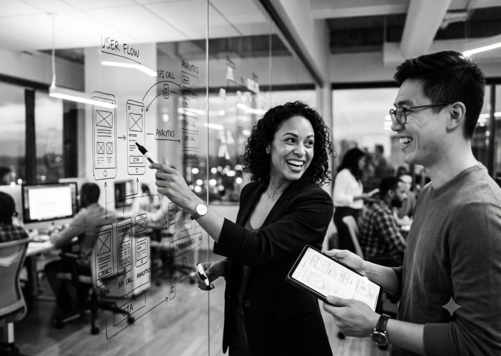 A diverse tech team collaborates, mapping out detailed user flows and wireframes on a glass office wall to ensure a smooth launch through professional app publishing services.