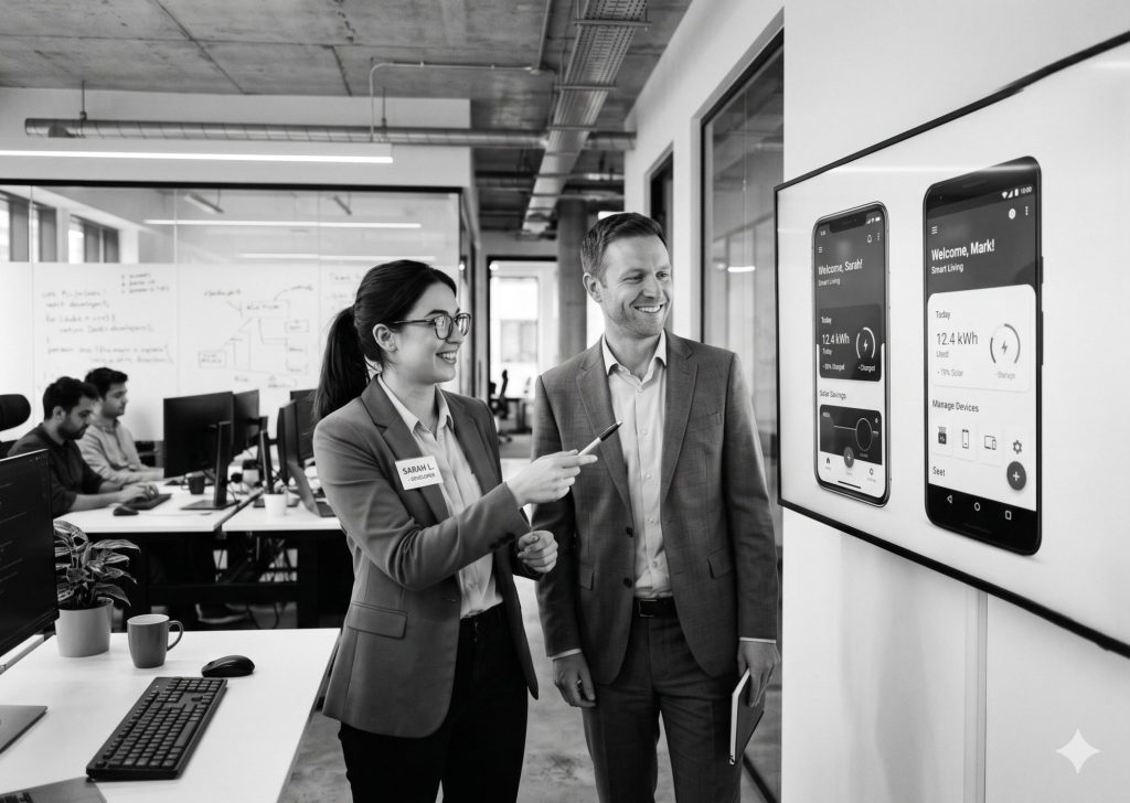 A female developer pointing to a cross-platform mobile app interface on a large screen during a client meeting, highlighting our react native mobile application development services.