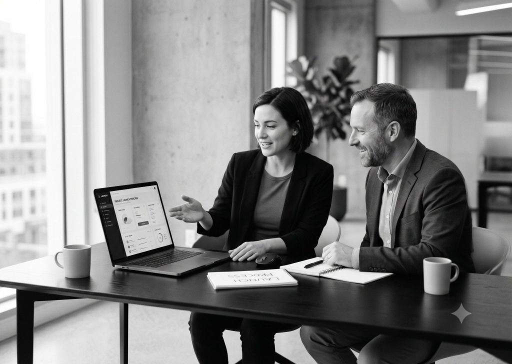Two business professionals reviewing a project launch tracker on a laptop during a mobile app marketing meeting.