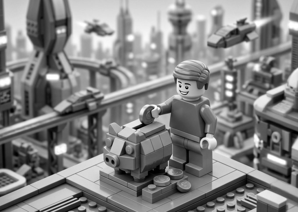 Black and white Lego character putting a coin into a piggy bank in a futuristic Lego city, symbolizing cost-effective investments using modern mobile application development platforms.