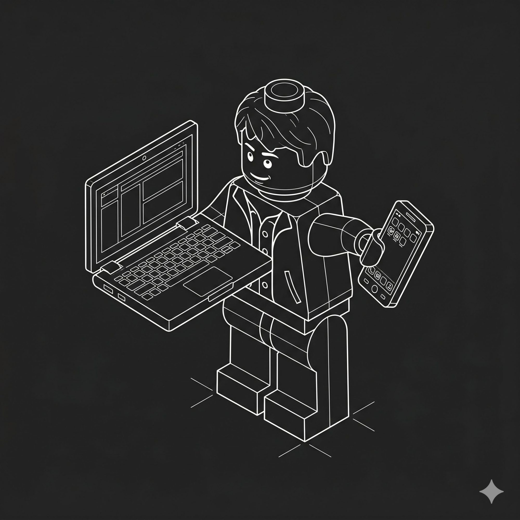 Isometric line art illustration of a Lego-style character holding a laptop and a smartphone, symbolizing cross-platform app development.
