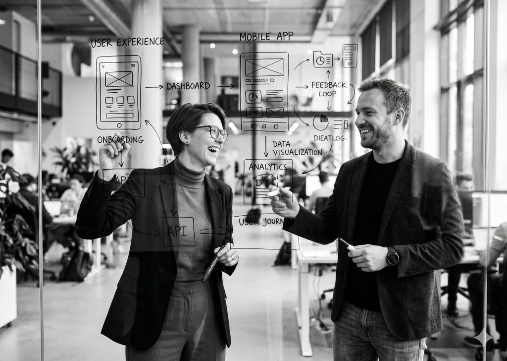 Two smiling tech professionals collaborating on UI/UX wireframes and user journey flowcharts on a glass wall, illustrating the planning process for cross-platform app development services.