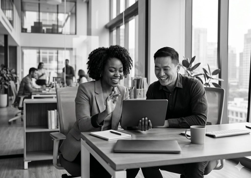Two smiling colleagues looking at a tablet in a modern office, discussing native vs. cross-platform app development.
