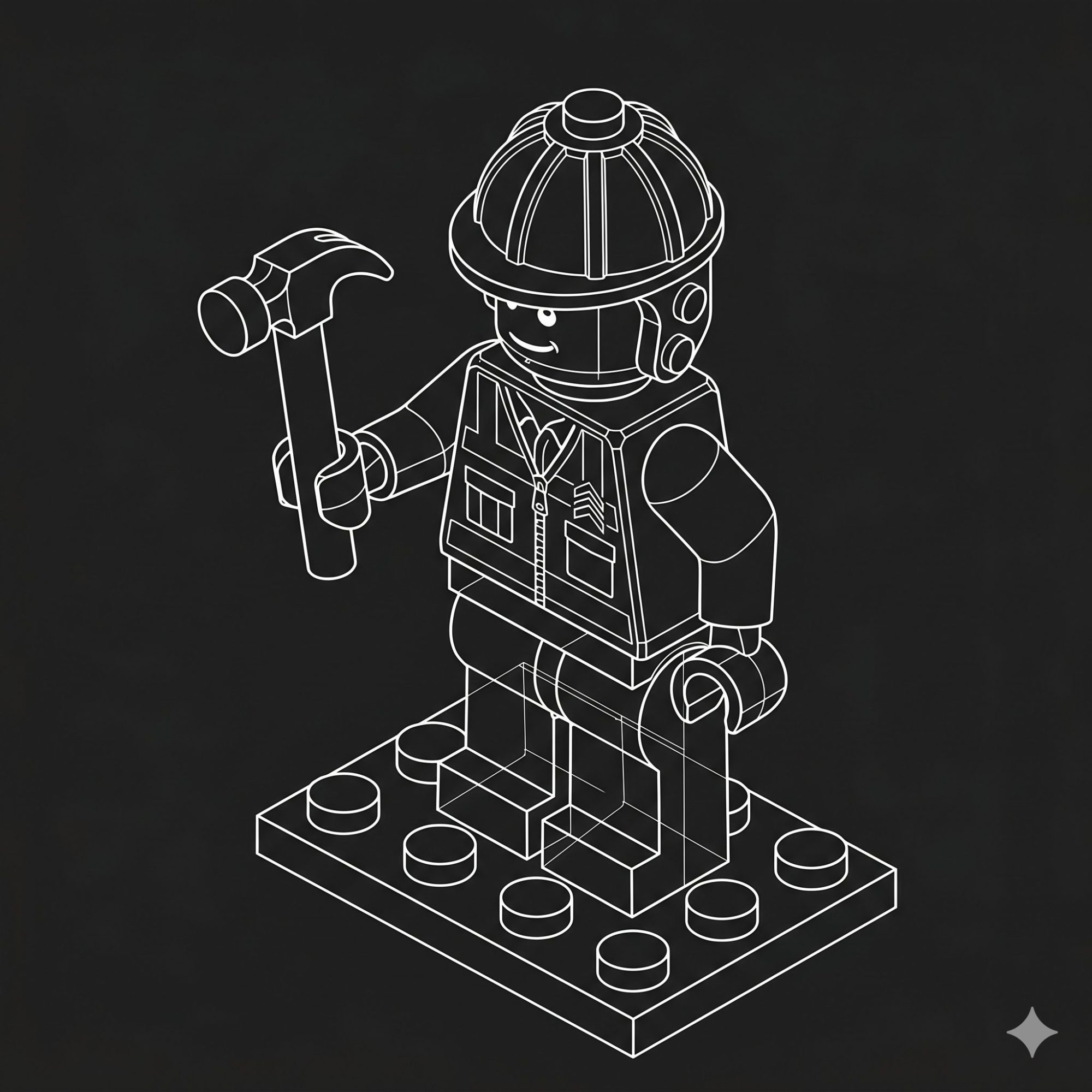Isometric line art illustration of a Lego-style construction worker holding a hammer, symbolizing the ongoing building and fixing involved in mobile app maintenance.