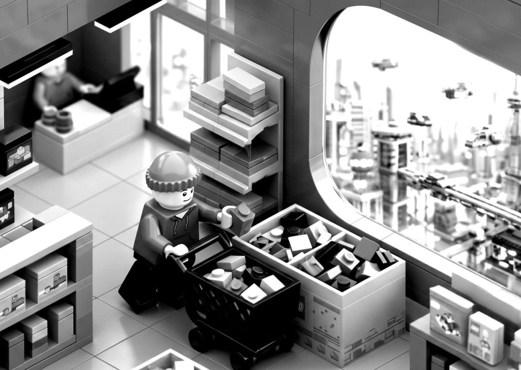 Black and white 3D render of a LEGO minifigure pushing a shopping cart and picking out bricks in a futuristic store overlooking a sci-fi city, metaphorically gathering the building blocks for effective app retention strategies.