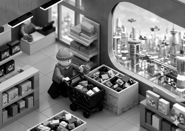 Black and white 3D render of a LEGO minifigure pushing a shopping cart and picking out bricks in a futuristic store overlooking a sci-fi city, metaphorically gathering the building blocks for effective app retention strategies.