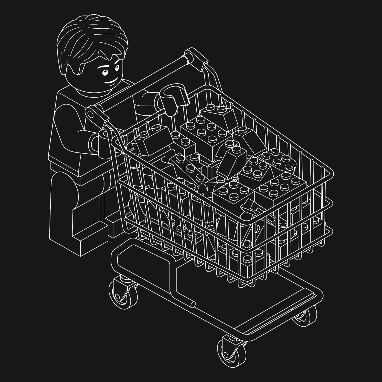 White line art illustration on a black background showing a toy minifigure pushing a shopping cart overflowing with building blocks, representing the assembly of effective app retention strategies.