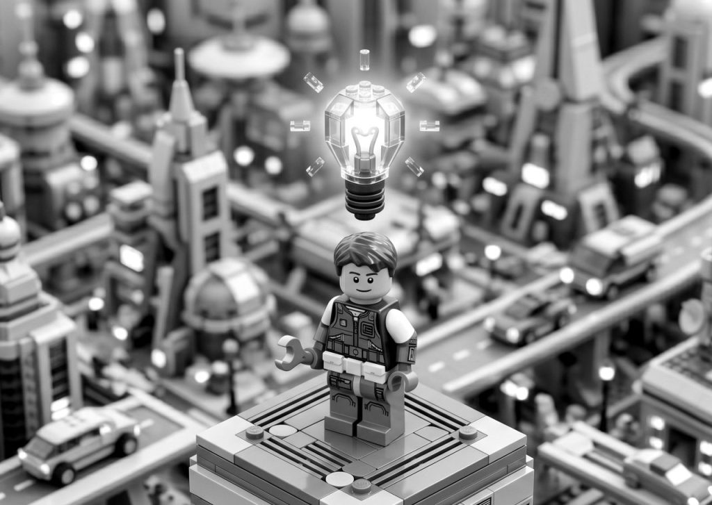 Grayscale image of a toy builder minifigure with a glowing lightbulb above its head in a miniature city, symbolizing innovative ideas for startup app development services.