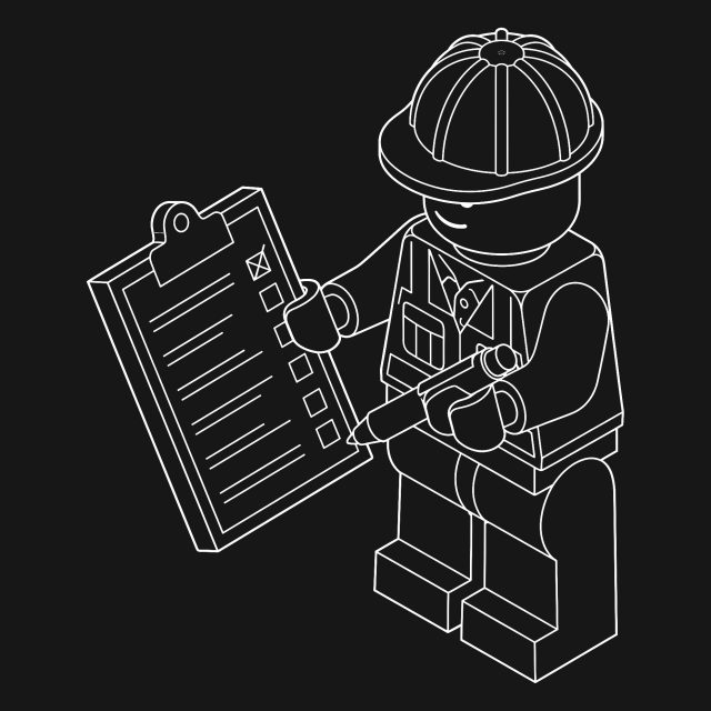 White line drawing of a LEGO construction worker checking off a clipboard list, illustrating the step-by-step checklist for how to launch an app.